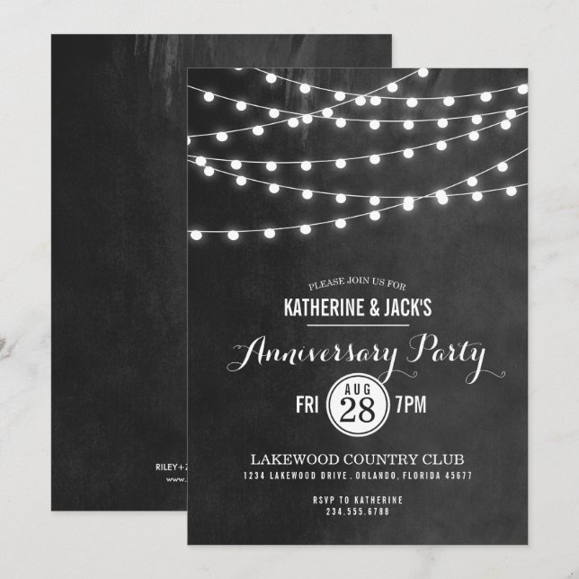 Charcoal String Lights Anniversary Party Invite (Front/Back)