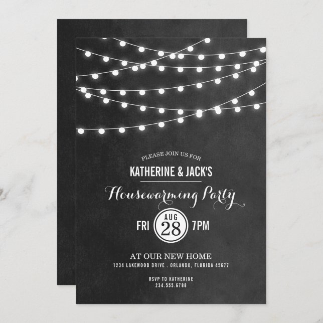Charcoal String Lights Housewarming Party Invite (Front/Back)