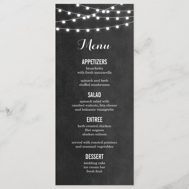 Charcoal String Lights Wedding Menu Card (Front)