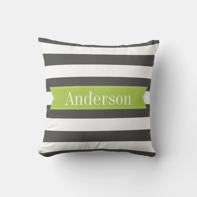 Charcoal Stripes with Lime Custom Monogram Cushion (Front)