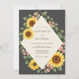 Charcoal Sunflower Wreath Wedding Invitation