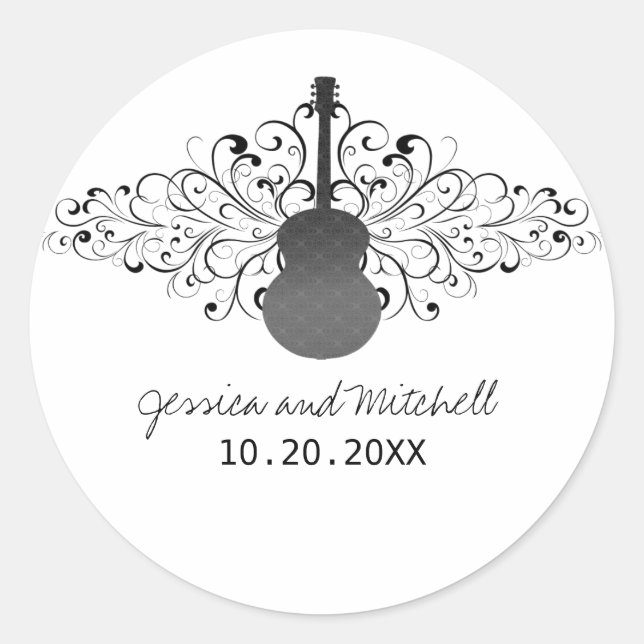 Charcoal Swirls Guitar Wedding Stickers (Front)