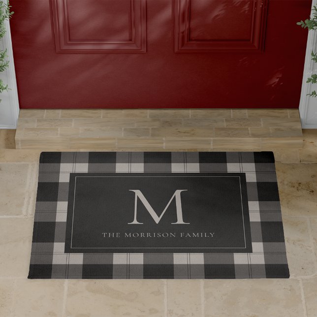 Charcoal & Tan Plaid Monogram & Name Doormat (Creator Uploaded)