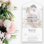 Charcoal Text Big Photo Wedding All In One Invitation<br><div class="desc">All in one wedding invitation you can personalise with a photo of the two of you beneath a sheer layer of white that helps the text pop. Informal wording with elegant charcoal fonts and your names in big letters.</div>