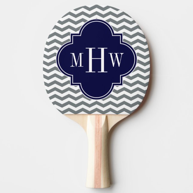 Charcoal Thin Chevron Navy Quatrefoil 3 Monogram Ping Pong Paddle (Front)