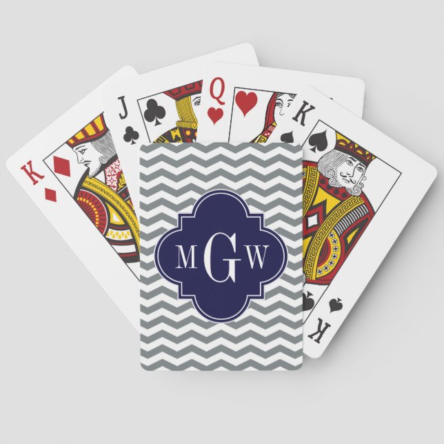 Charcoal Thin Chevron Navy Quatrefoil 3 Monogram Playing Cards (Back)