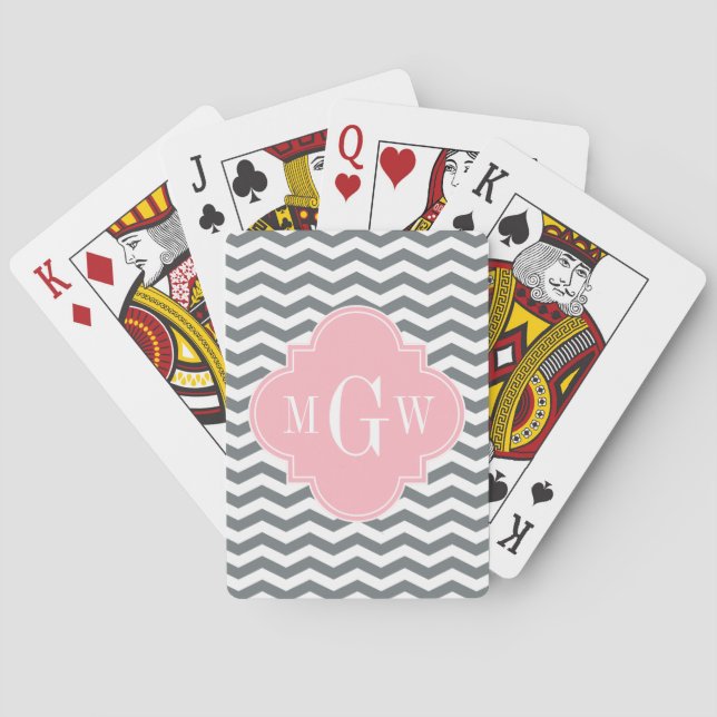 Charcoal Thin Chevron Pink Quatrefoil 3 Monogram Playing Cards (Back)