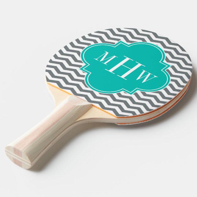 Charcoal Thin Chevron Teal Quatrefoil 3 Monogram Ping Pong Paddle (Front Angle)