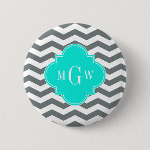 Charcoal Tn Chevron Brt Aqua Quatrefoil 3 Monogram 6 Cm Round Badge