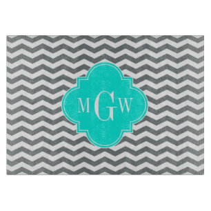 Charcoal Tn Chevron Brt Aqua Quatrefoil 3 Monogram Cutting Board
