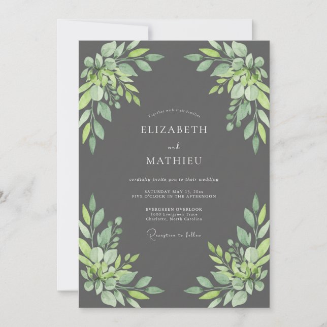 Charcoal Watercolor Leaf Wedding Invitation (Front)