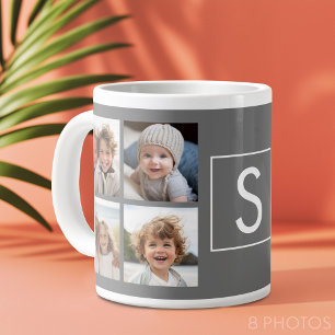 Charcoal White 8 Photo Collage Custom Monogram Large Coffee Mug