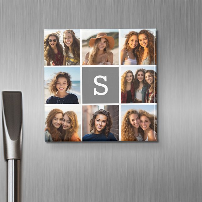 Charcoal White 8 Photo Collage Custom Monogram Magnet (Personalized fridge magnet with photos and custom text)