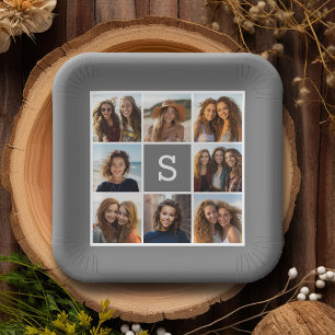 Charcoal White 8 Photo Collage Custom Monogram Paper Plate