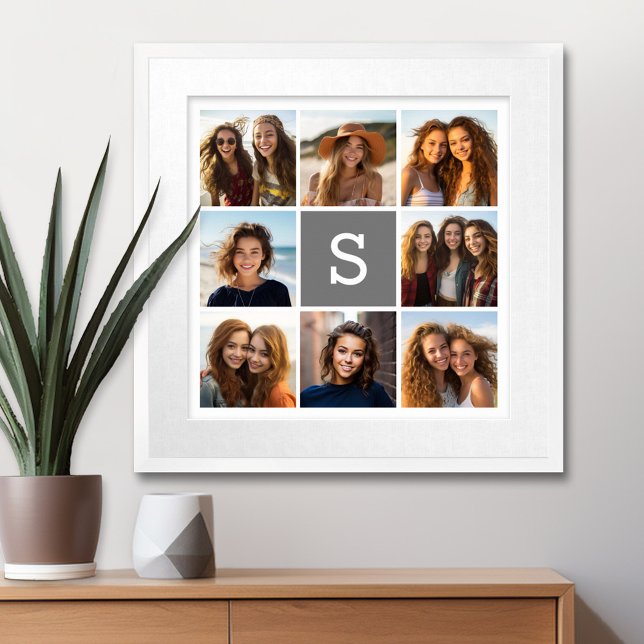 Charcoal White 8 Photo Collage Custom Monogram Poster (Personalized Wall Art with a Photo Collage and Monogram)