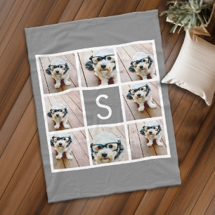 Charcoal White 8 Photo Collage Single Monogram Fleece Blanket