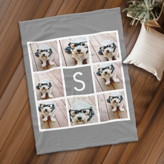 Charcoal White 8 Photo Collage Single Monogram Fleece Blanket (Personalized fleece blanket with 8 photos and a monogram)