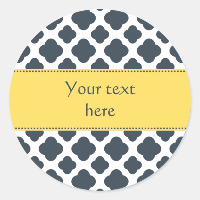 Charcoal, White and Yellow Quatrefoil Pattern Classic Round Sticker (Front)
