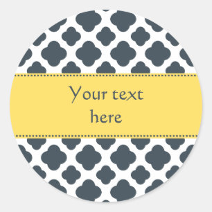 Charcoal, White and Yellow Quatrefoil Pattern Classic Round Sticker