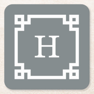 Charcoal White Greek Key Frame #2 Initial Monogram Square Paper Coaster