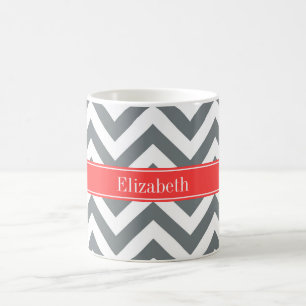 Charcoal White LG Chevron Coral Red Name Monogram Coffee Mug