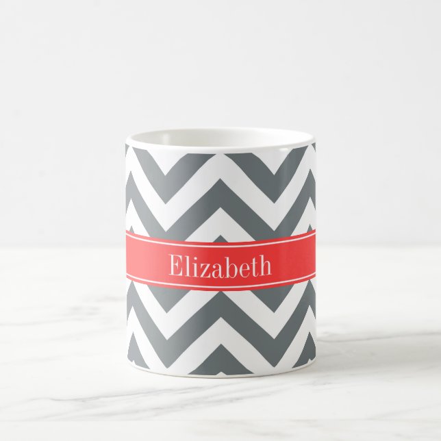 Charcoal White LG Chevron Coral Red Name Monogram Coffee Mug (Center)