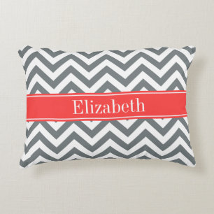 Charcoal White LG Chevron Coral Red Name Monogram Decorative Cushion