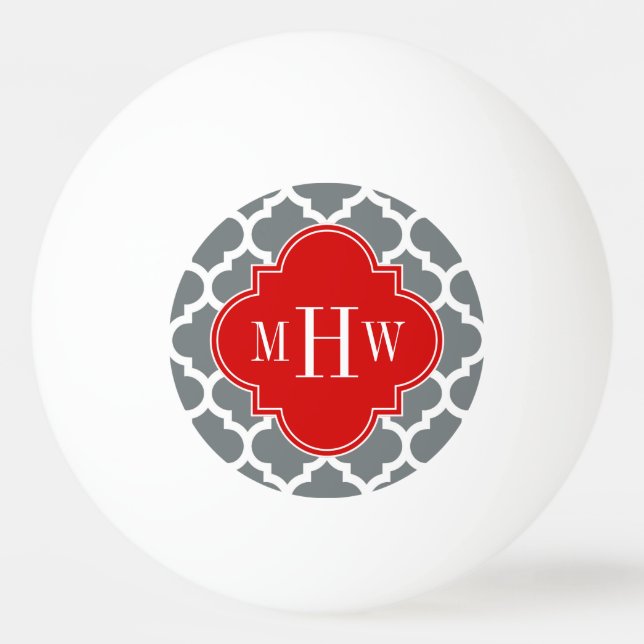 Charcoal, White Moroccan #5 Red 3 Initial Monogram Ping Pong Ball (Front)