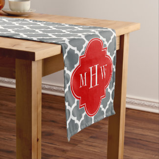 Charcoal, White Moroccan #5 Red 3 Initial Monogram Short Table Runner