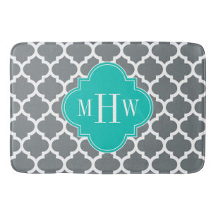 Charcoal White Moroccan #5 Teal Initial Monogram Bath Mat