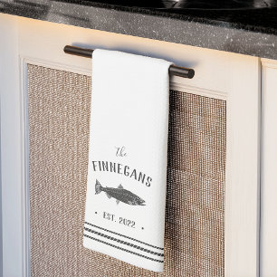 Charcoal & White Rustic Fish Personalised Tea Towel