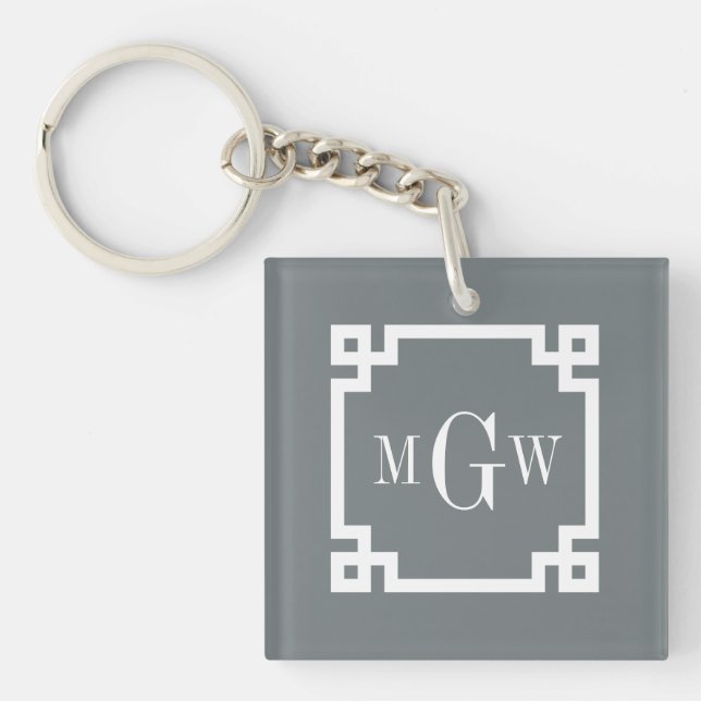 Charcoal Wht Greek Key #2 Framed 3 Init Monogram Key Ring (Front)