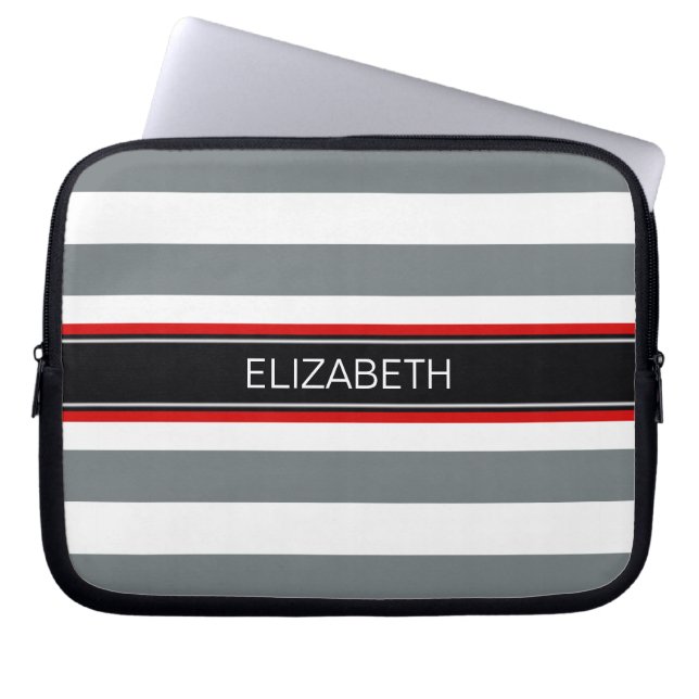 Charcoal Wht Horiz Stripe Black Red Name Monogram Laptop Sleeve (Front)