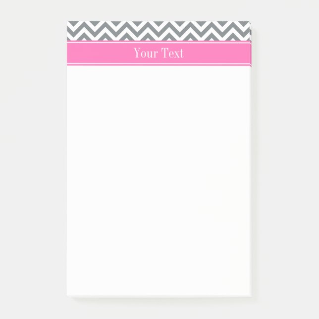 Charcoal Wht LG2 Chevron Hot Pink Name Monogram Post-it Notes (Front)