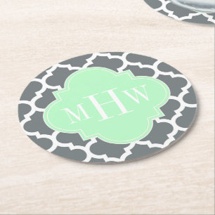 Charcoal, Wht Moroccan #5 Mint 3 Initial Monogram Round Paper Coaster