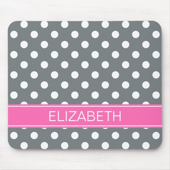 Charcoal Wht Polka Dots #2 Hot Pink Name Monogram Mouse Pad (Front)