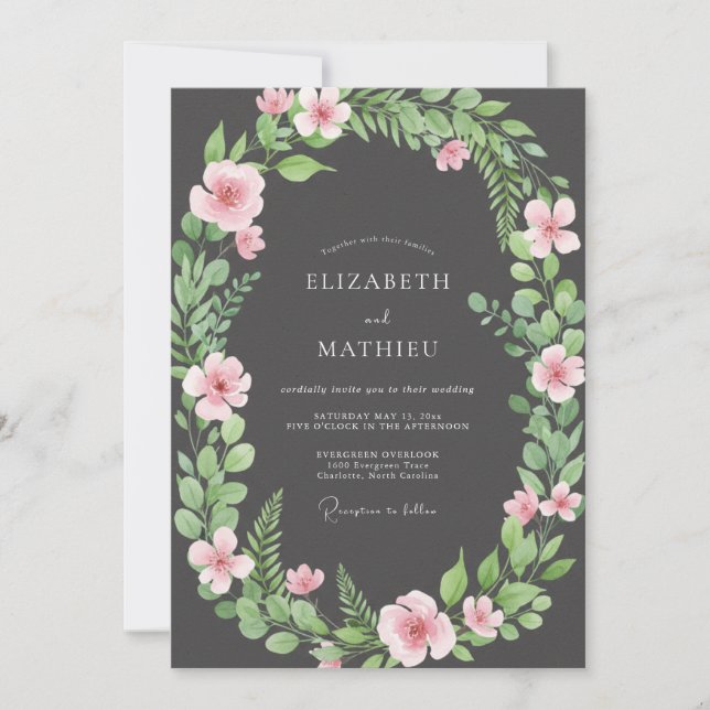 Charcoal Wreath Wedding Invitation (Front)