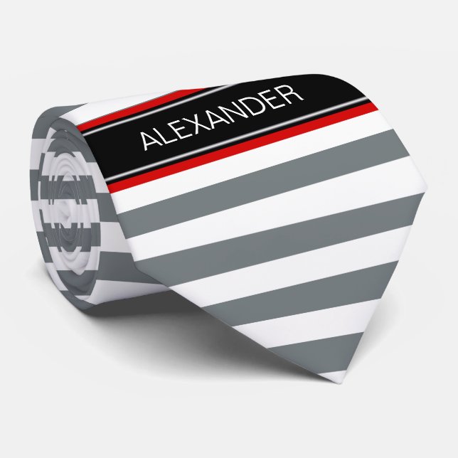Charcoal Wt Horz Preppy Stripe Black Name Monogram Tie (Rolled)