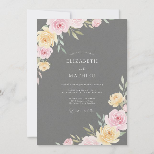 Charcoal Yellow Blush Painted Wedding Invitation (Front)