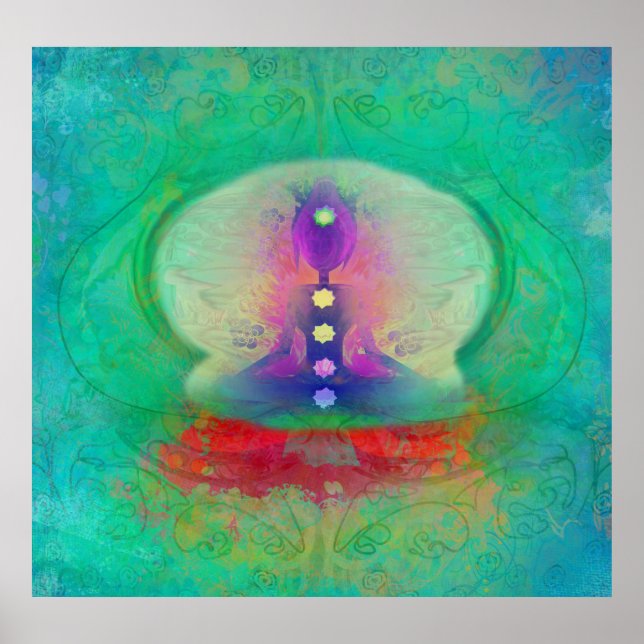 charcoal yogi with all the chakra colours and ohm poster (Front)