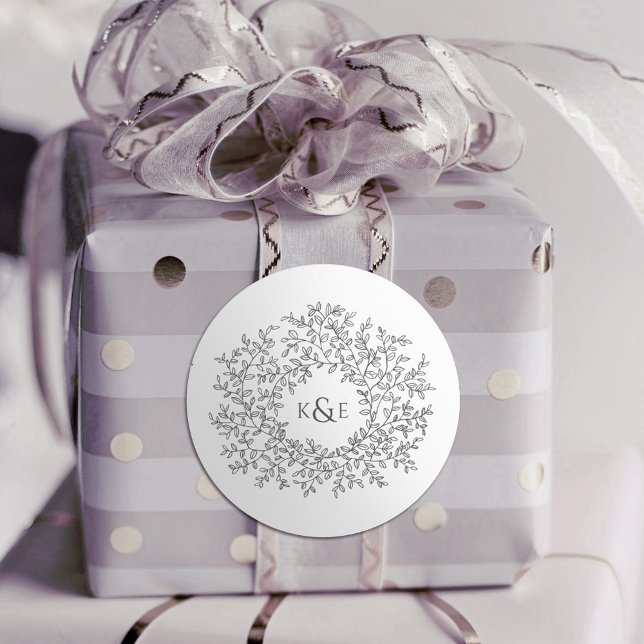 Charcol grey hand drawn leaf monogram art wedding classic round sticker (Creator Uploaded)