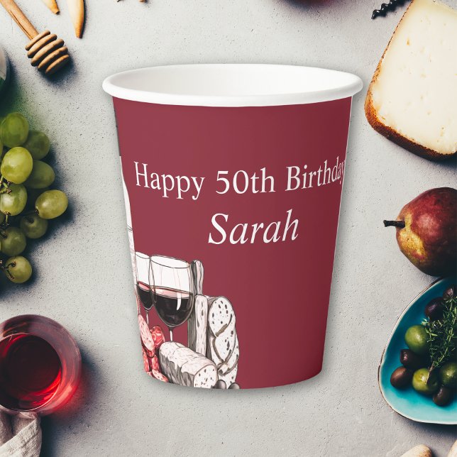 Charcuterie and Red Wine 50th Birthday Paper Cups (Creator Uploaded)