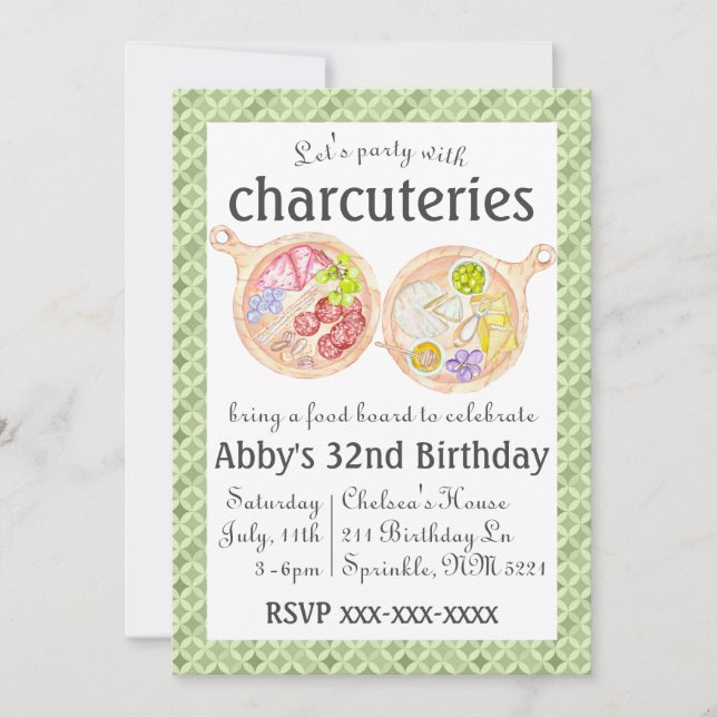 Charcuterie Food Board Birthday Invitation Green (Front)