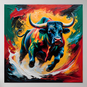 Charging Bull in Flames – Abstract Poster