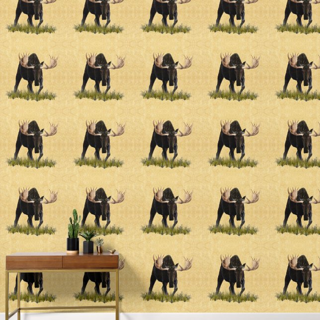 Charging Bull Moose On Old Paper Wallpaper (Hallway)