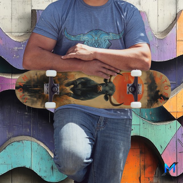 Charging Bull Under Fiery Sunset, Retro Power  Skateboard (Creator Uploaded)