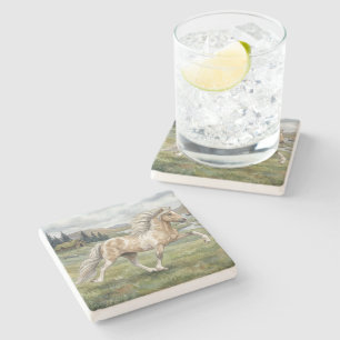 Charismatic Pinto Icelandic Mare watercolor Stone Coaster