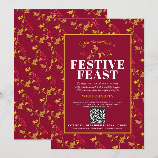 Charity Festive Feast gold red Christmas dinner Invitation (Front/Back)