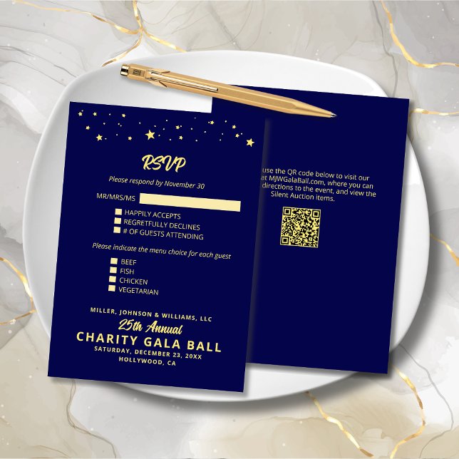 Charity Fundraiser Gala Event Navy Blue Gold RSVP Card (Charity Fundraiser Gala Event Navy Blue and Gold RSVP Card with Menu Options, Event Details.)