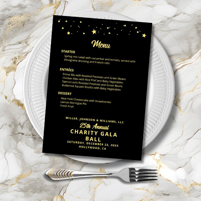 Charity Gala Ball Company Event Black Gold Elegant Menu (Charity Gala Ball Company Event Black Gold Elegant Menu with Gold Stars, Menu Choices, Event Details)